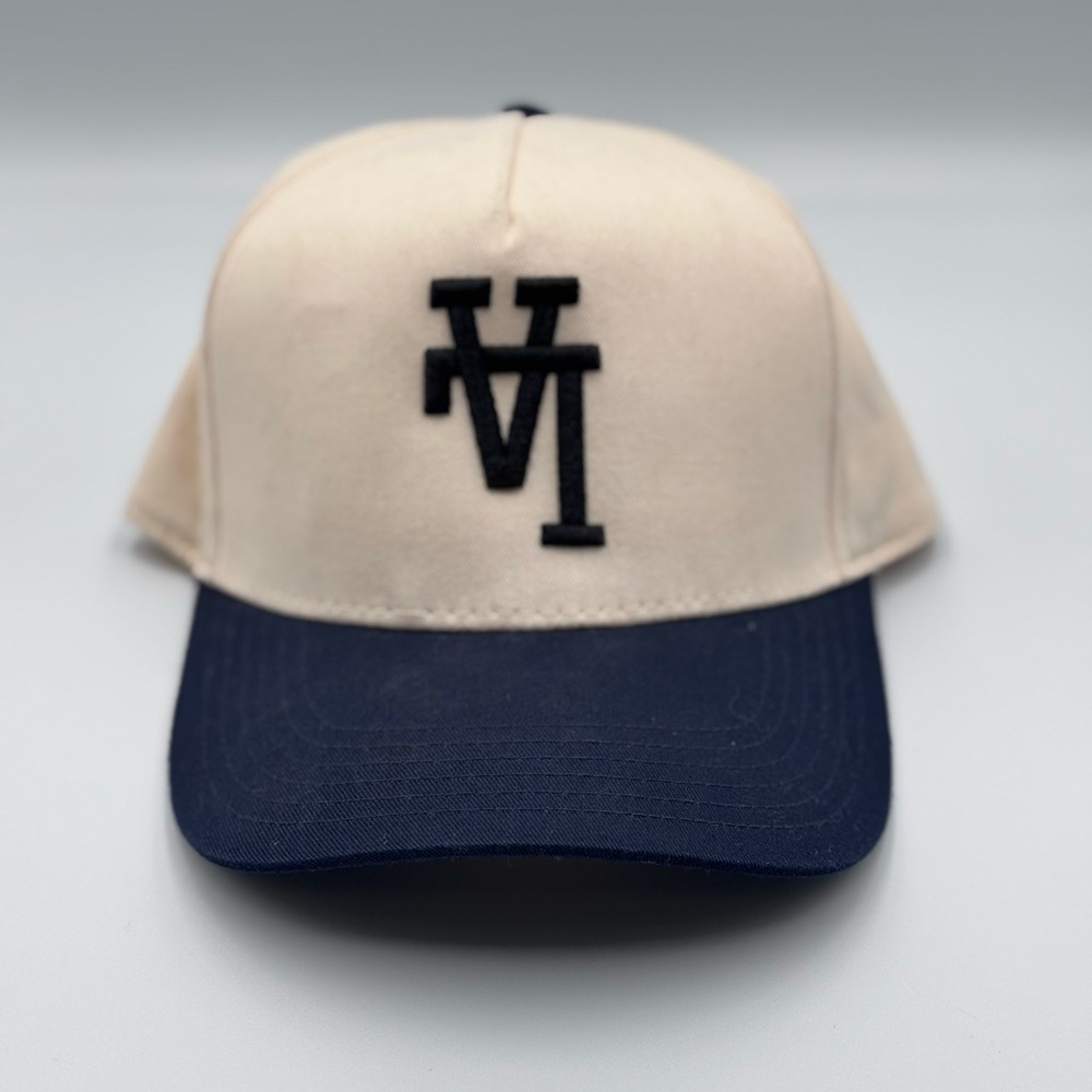 Embroidered Upside Down LA Two-Tone Baseball Cap - Cream & Navy